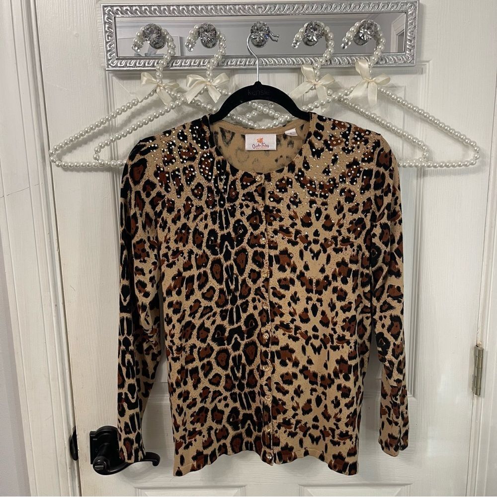 Cheetah Print Cardigan with Rhinestone Details